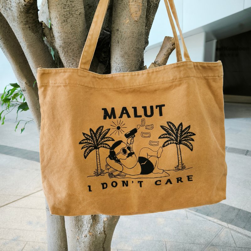 I Don't Care Embroidery | Tote Bag (Brown) | malut - Messenger Bags & Sling Bags - Cotton & Hemp 