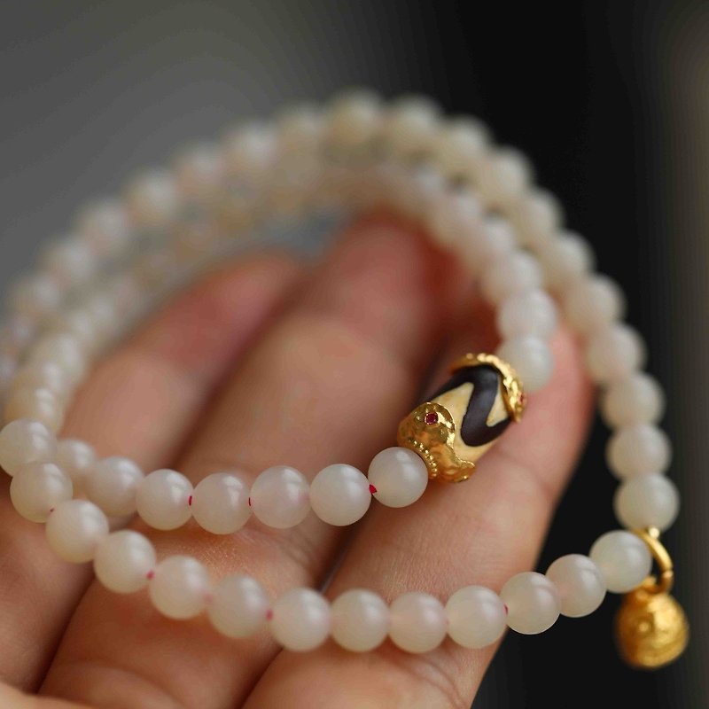 6mm Natural Hotan Jade/Hetian Jade-Qinghai Lotus Root Jade Dzi Beads Accessories Gold Swallowing Beast Design Multi-circle Bracelet s - Bracelets - Gemstone Pink