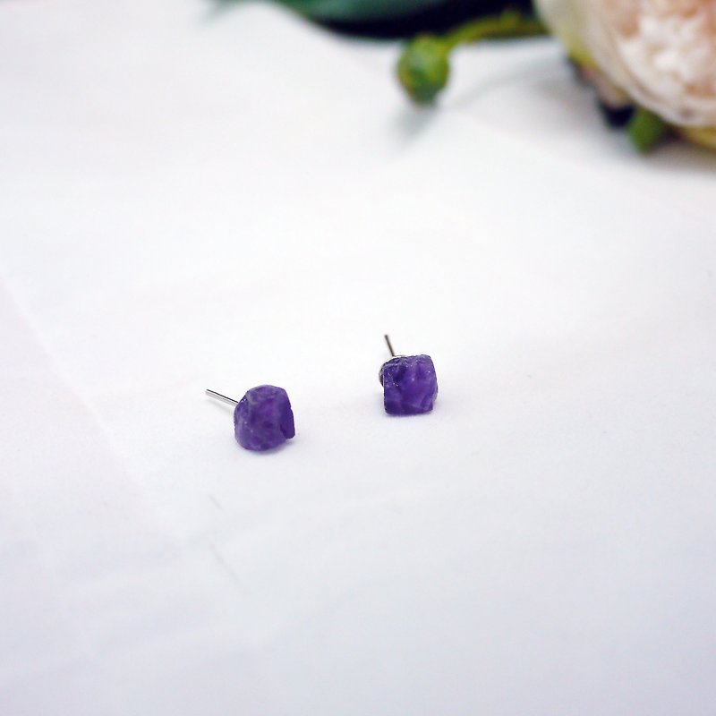天然裸石紫水晶簡約 耳飾 - 耳環/耳夾 - 石頭 紫色