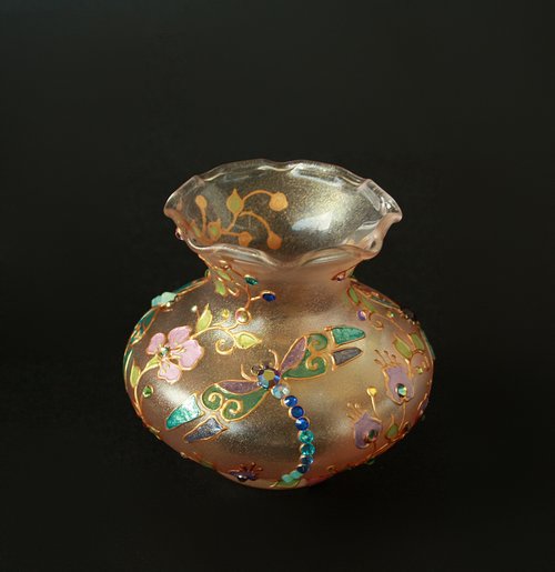 NeA Glass Small Glass Vase Dragobfly Wildflowers Swarovski Crystals Hand-painted