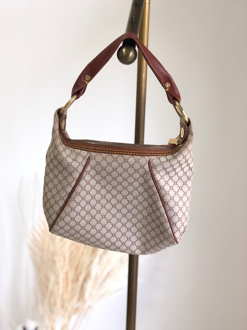 【 日本直送　名牌中古包 】CELINE セリーヌ マカダム ショルダーバッグ ベージュ キャンバス ホーボー vintage ヴィンテージ jw2bsj - 側背包/斜背包 - 真皮 咖啡色