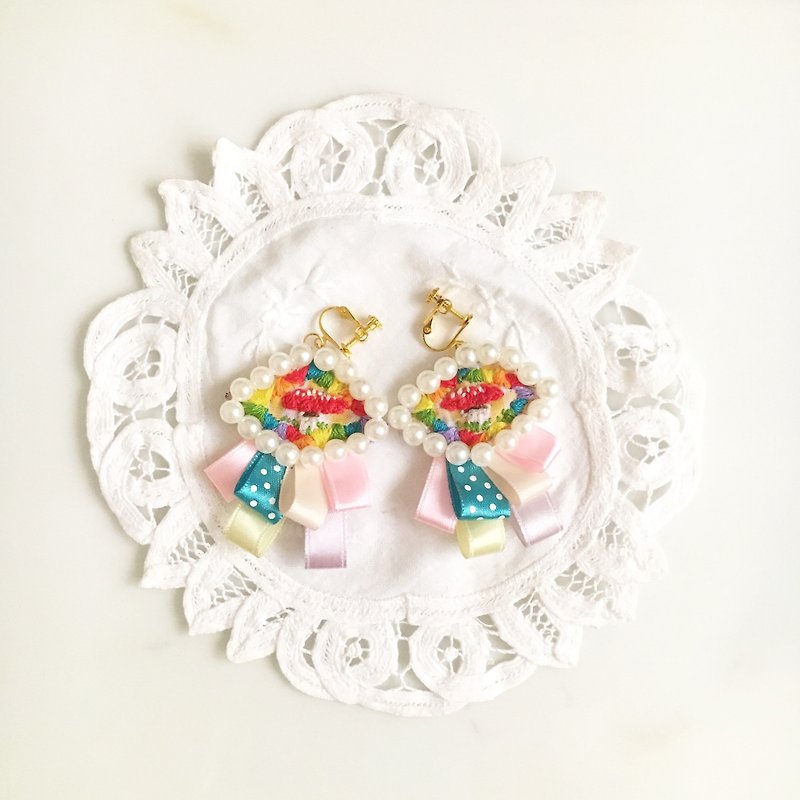 (Christmas exchange gifts) Independent original · Mushroom series embroidery mushroom ribbon earrings - Earrings & Clip-ons - Cotton & Hemp Blue