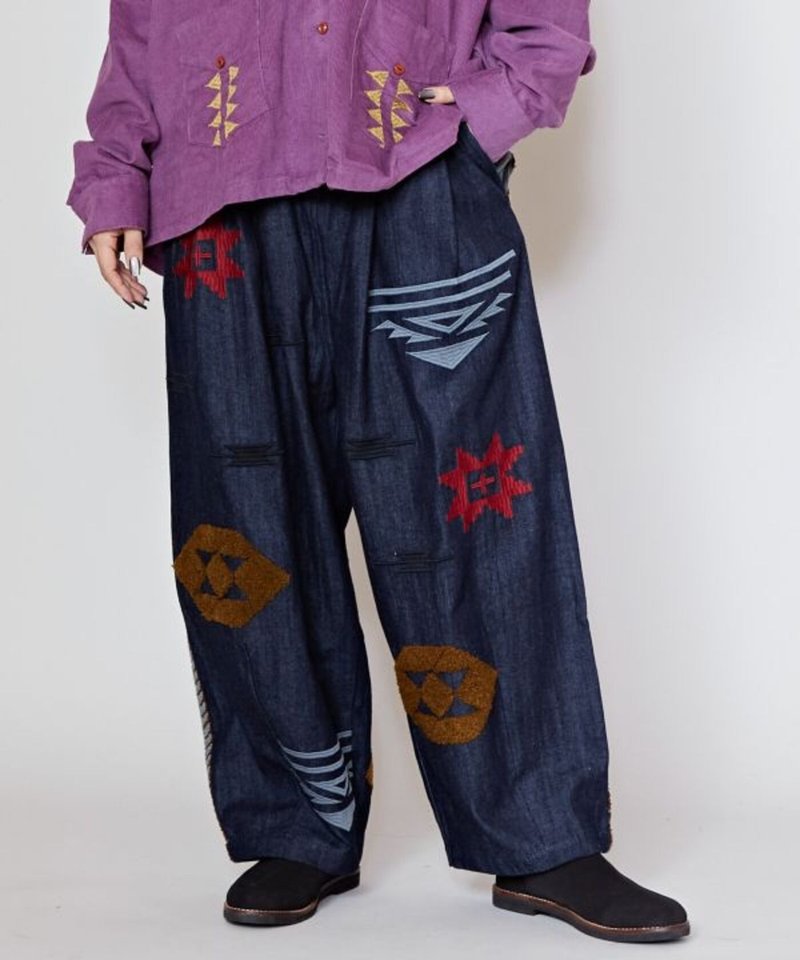 [Popular Pre-order] Nomadic Kilim Embroidered Corduroy X Denim Lazy Pants (2 Colors) ILL-4806 - กางเกงขายาว - วัสดุอื่นๆ 