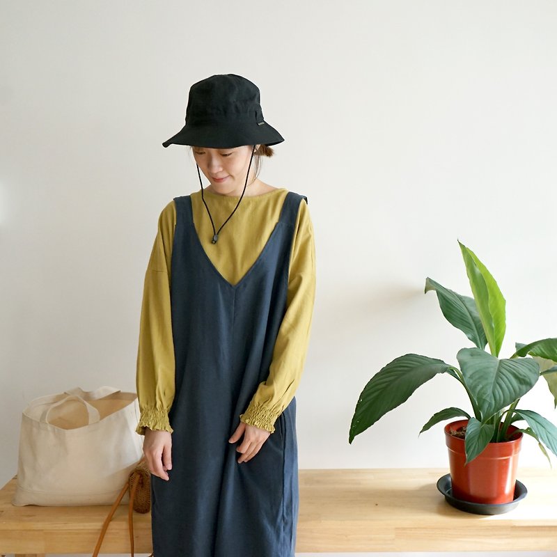 Heart Flower Series-Comfortable blue linen pocket jumpsuit - จัมพ์สูท - ผ้าฝ้าย/ผ้าลินิน สีน้ำเงิน