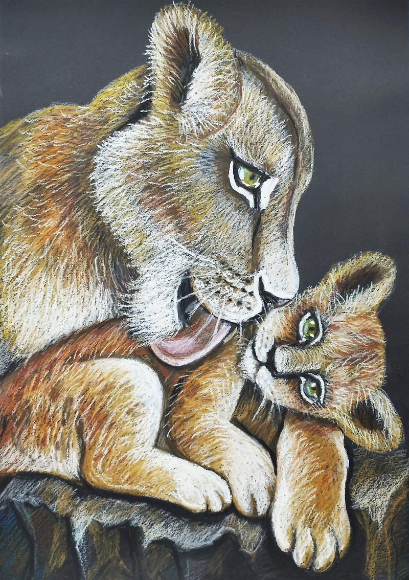 紙 壁貼/牆壁裝飾 咖啡色 - Mom's warmth Lioness Cubs Pastel Portrait Art animal painting children's room