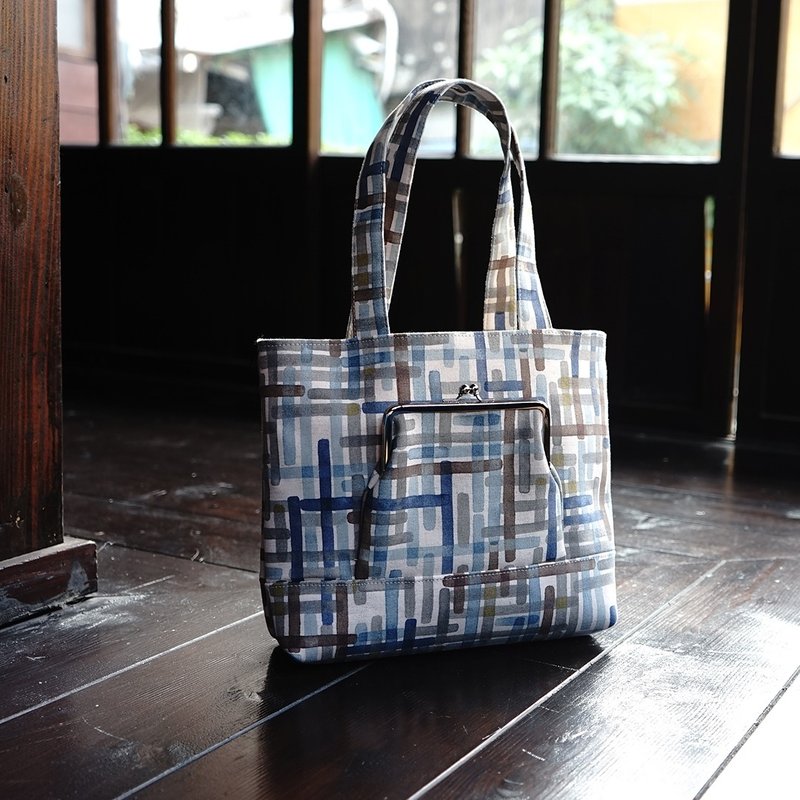 靛藍散步格紋手提口金包 - 手提包/手提袋 - 棉．麻 