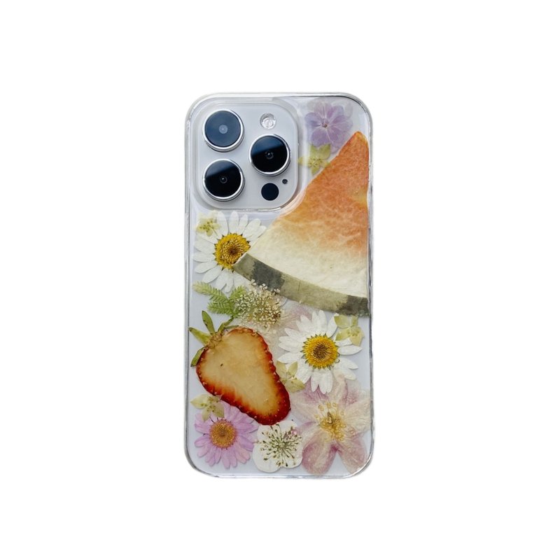 Strawberry Watermelon Handmade Pressed Flower Fruit Case for iPhone 16 Pro Max - เคส/ซองมือถือ - พืช/ดอกไม้ 