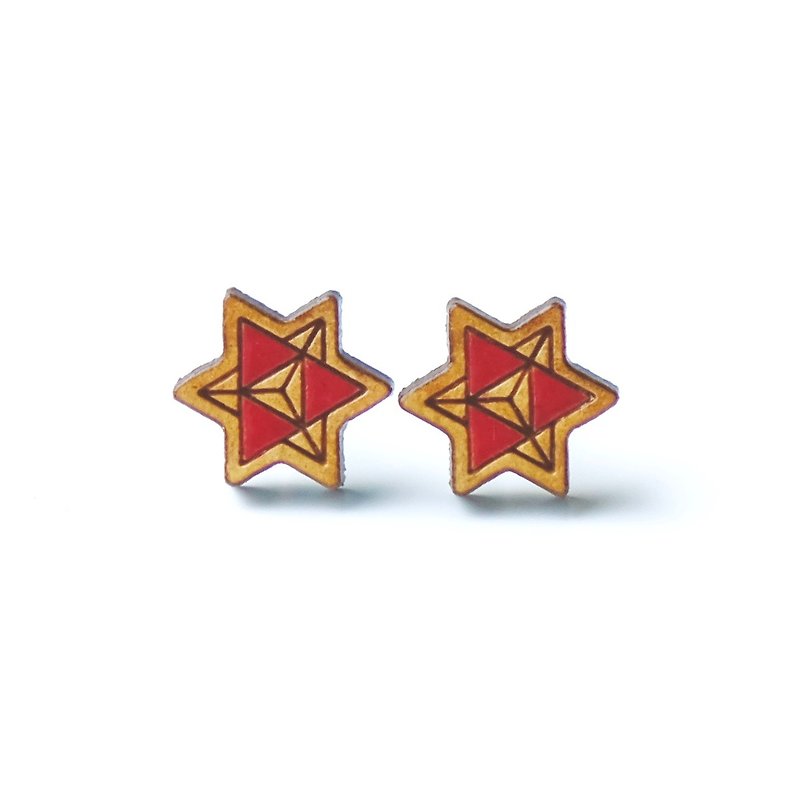 彩繪木耳環-星(紅色) - 耳環/耳夾 - 木頭 紅色