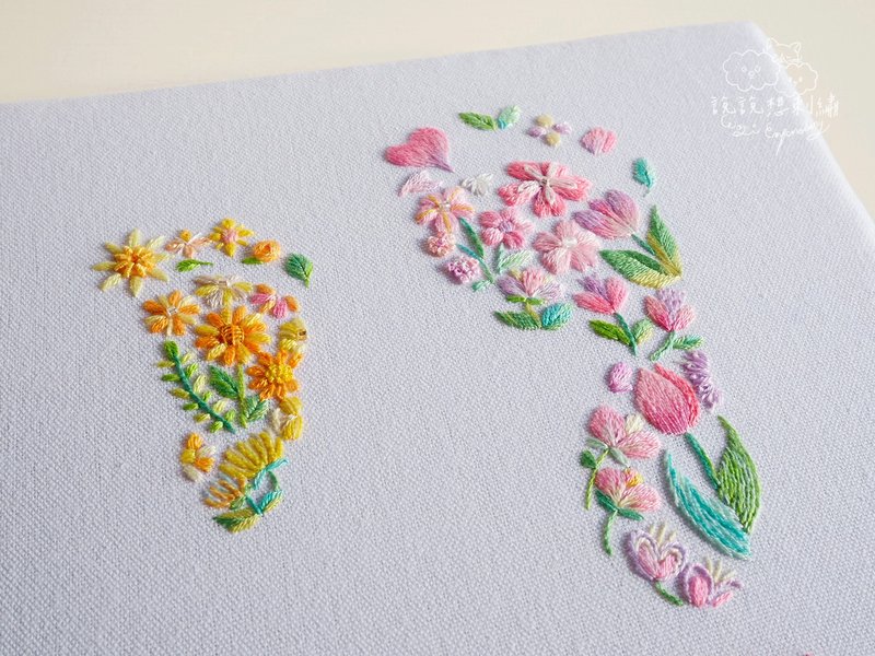 寶寶腳印客製 花草刺繡 超音波刺繡 刺繡禮品訂製 說說想刺繡 - 編織/刺繡/羊毛氈/縫紉 - 棉．麻 粉紅色