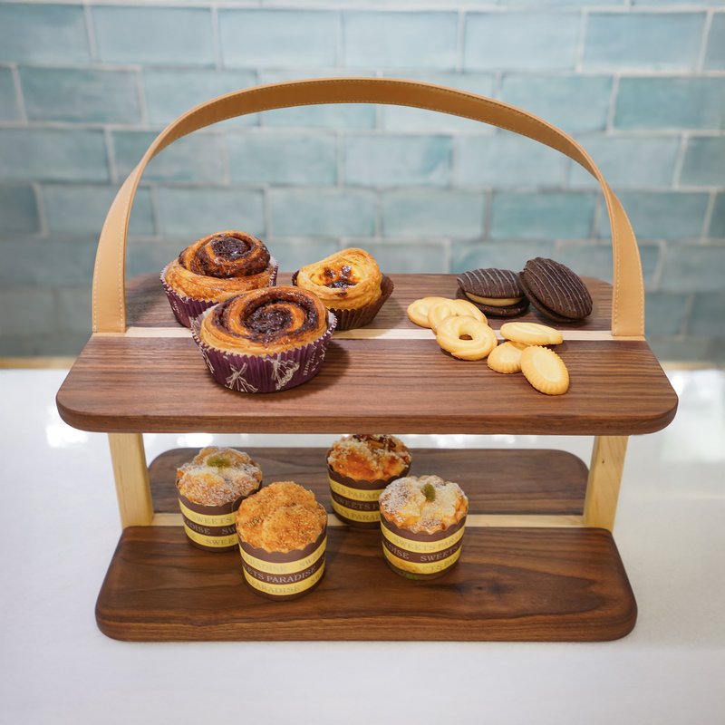 American Fifty9 Design New York walnut color-blocked tea stand-leather handle - Plates & Trays - Wood Brown