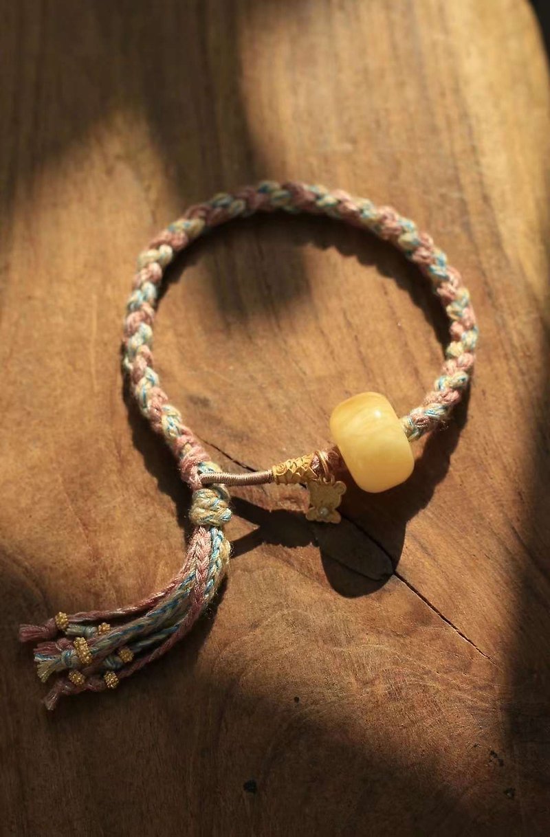 Natural chanterelle yellow honey 礅子 Tibetan braided hand rope bracelet f - Bracelets - Semi-Precious Stones Yellow