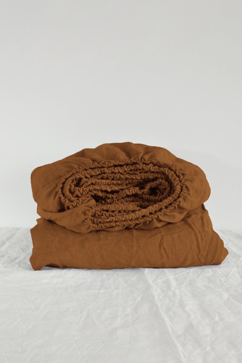 Cinnamon linen fitted sheet / Softened linen bed sheet / Deep pocket