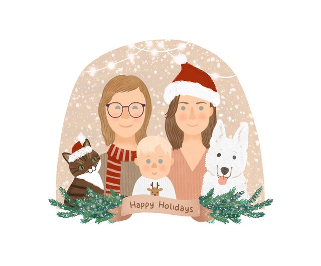 Merry Christmas. Christmas special. Digitally hand drawn from photos. hot Custom family Illustration. Customized Portraits with pets.