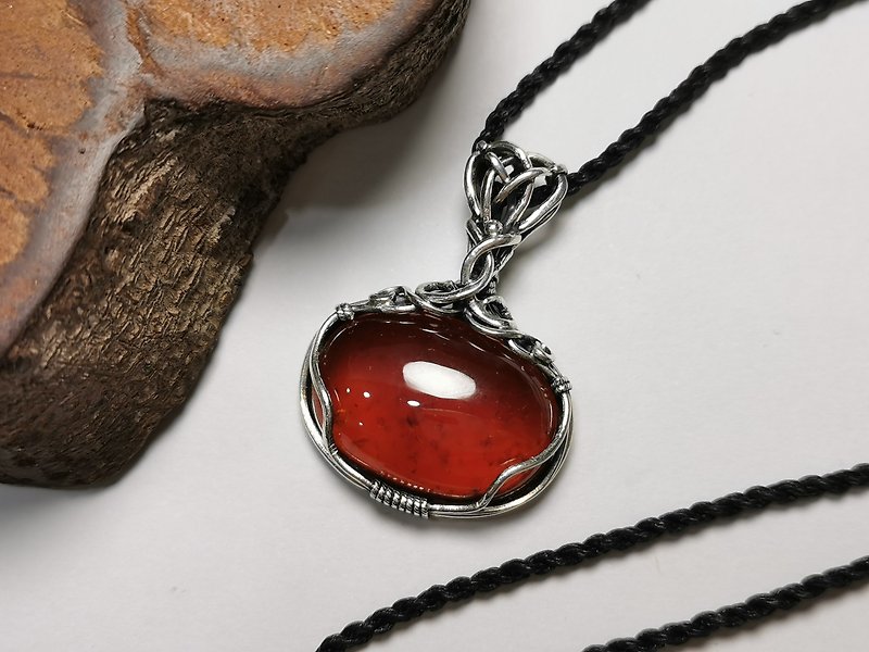 Stone-sterling silver braided design pendant/with waterproof Wax thread necklace - สร้อยคอ - เครื่องประดับพลอย สีแดง