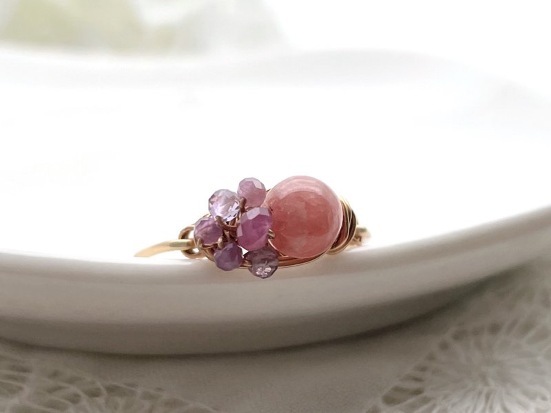 Marie's garden - Inca rose and 3 types of red natural stone wire ring - General Rings - Gemstone Red