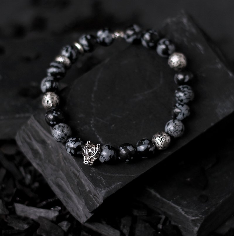 龍息__自然鉱石の手のビーズ+ 2つの固体の純銀製の火山石 - ブレスレット - 宝石 