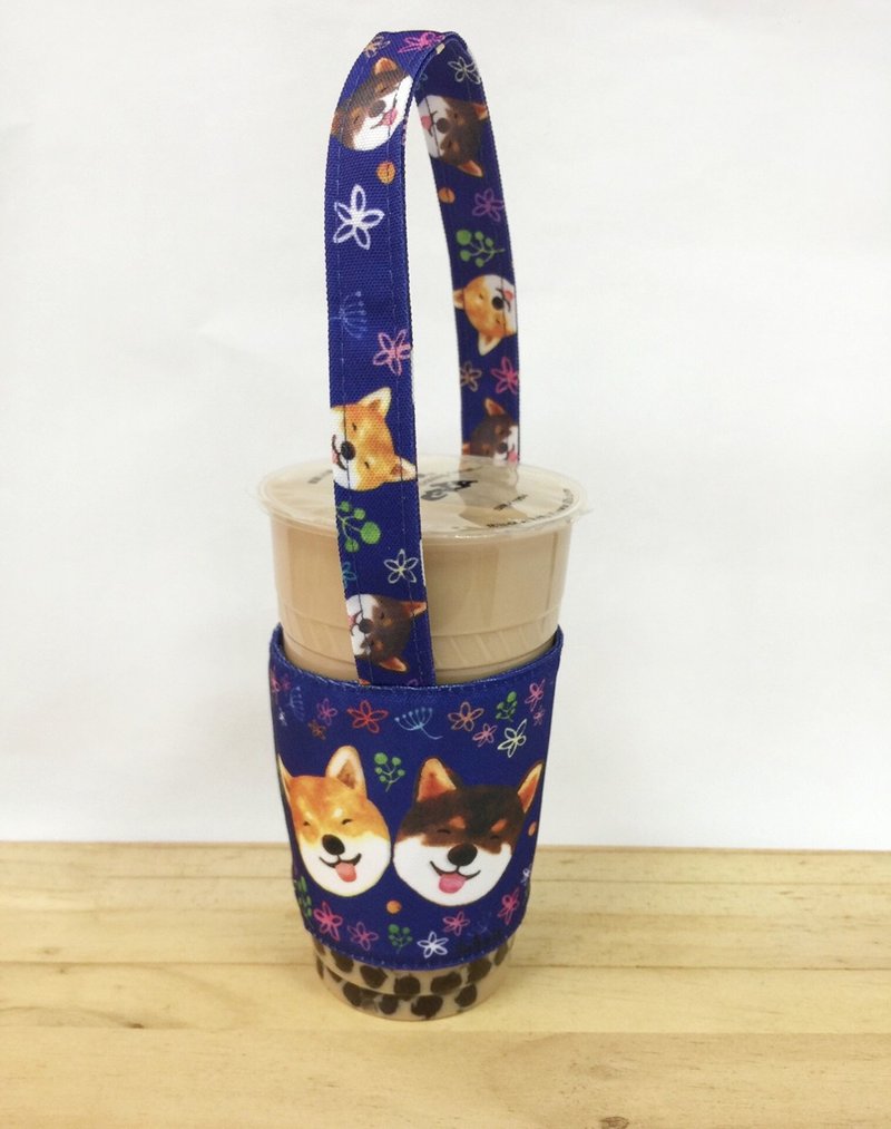 飲料杯提袋-深藍一對柴犬 - 飲料提袋/杯套 - 其他材質 