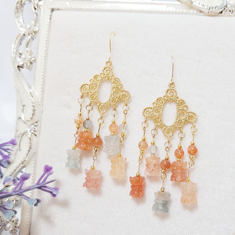Natural Gold Sun Stone Gold Strawberry Arusha and Tilian Wisdom Lucky Tassel Earrings Single Product - Earrings & Clip-ons - Gemstone Orange