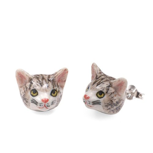 And Mary And Mary 手繪瓷耳環-虎斑貓 禮盒裝 Tabby Cat Stud Earrings