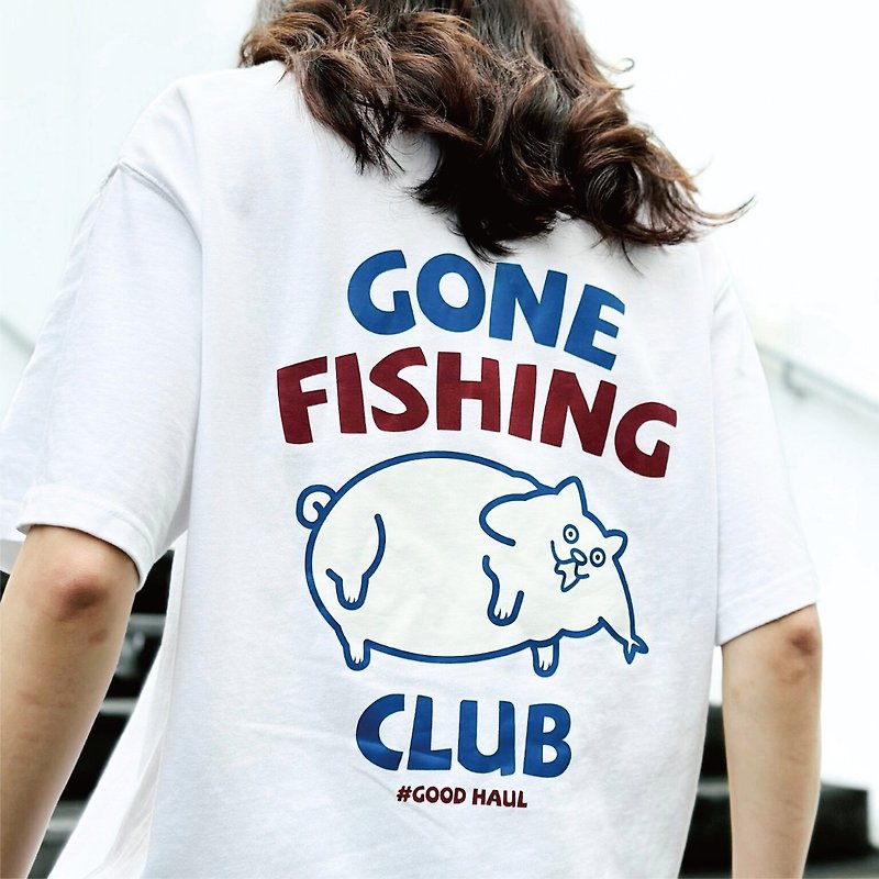 Chewing Cat Saliva Cat Short Sleeve T-Shirt 5 Colors Unisex Fishing Club (Male) - เสื้อยืดผู้ชาย - ผ้าฝ้าย/ผ้าลินิน ขาว