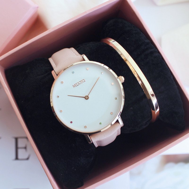 RAINBOW diamond collection pink leather strap ladies watch / RO-10602 Rose Gold - นาฬิกาผู้หญิง - สแตนเลส 