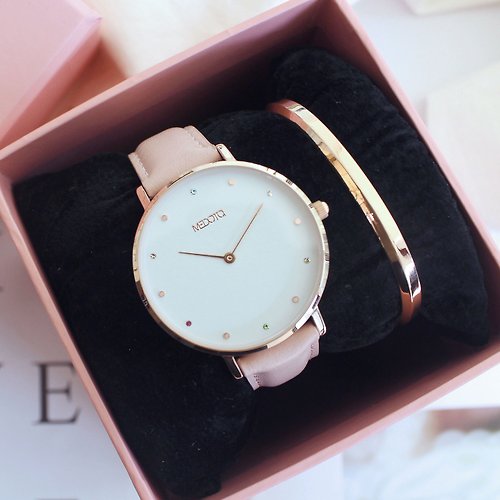 MEDOTA Luxury RAINBOW系列優雅彩色鑽石粉色真皮錶帶女錶 / RO-10602 玫瑰金色