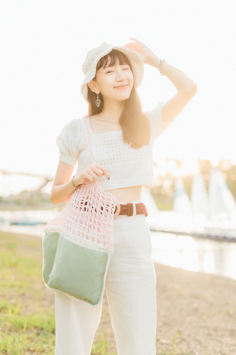 Soft cute Pink-Green Crochet bag - Other - Cotton & Hemp Pink