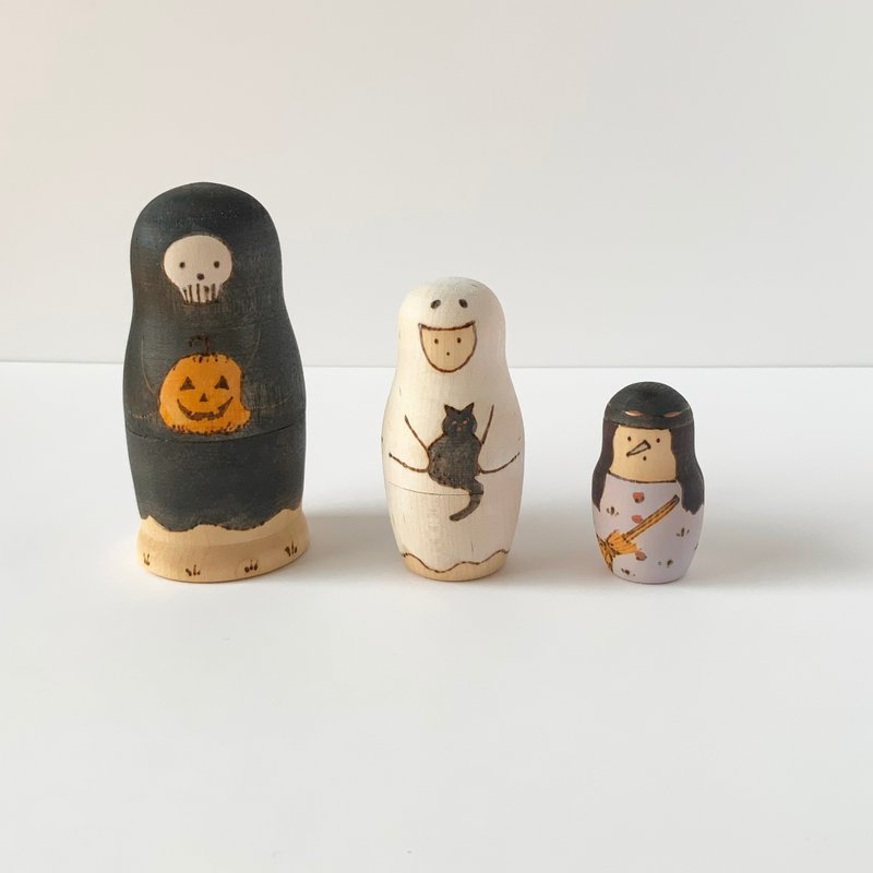 ハロウィンマトリョーシカ C【骸骨、幽霊、魔女の仮装】 - 公仔/玩偶 - 木頭 黑色