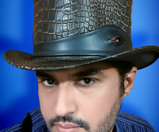 Leather Top Hat - Crocodile Eye Band - Distressed Wax Crocodile Plated - Handmade with 100% Cowhide Leather - Gift for Him 2024 - New with Tags