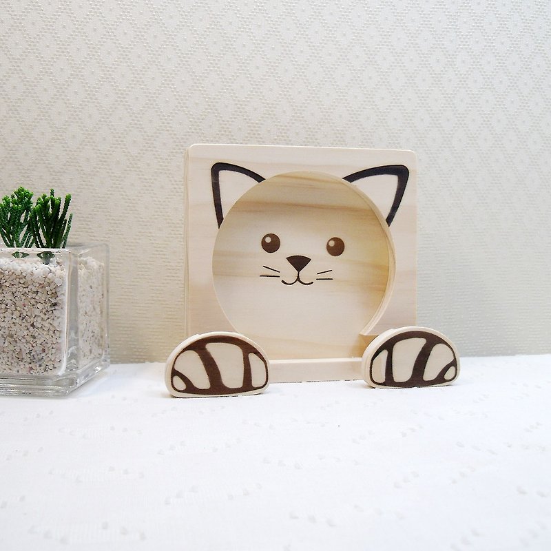 Meow cute cat mobile phone holder coaster cat paw roll clip photo clip customized name free - แฟ้ม - ไม้ สีนำ้ตาล