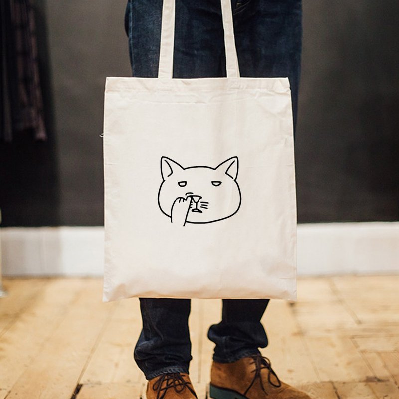 Nose Picking Cat tote bag - กระเป๋าแมสเซนเจอร์ - วัสดุอื่นๆ ขาว