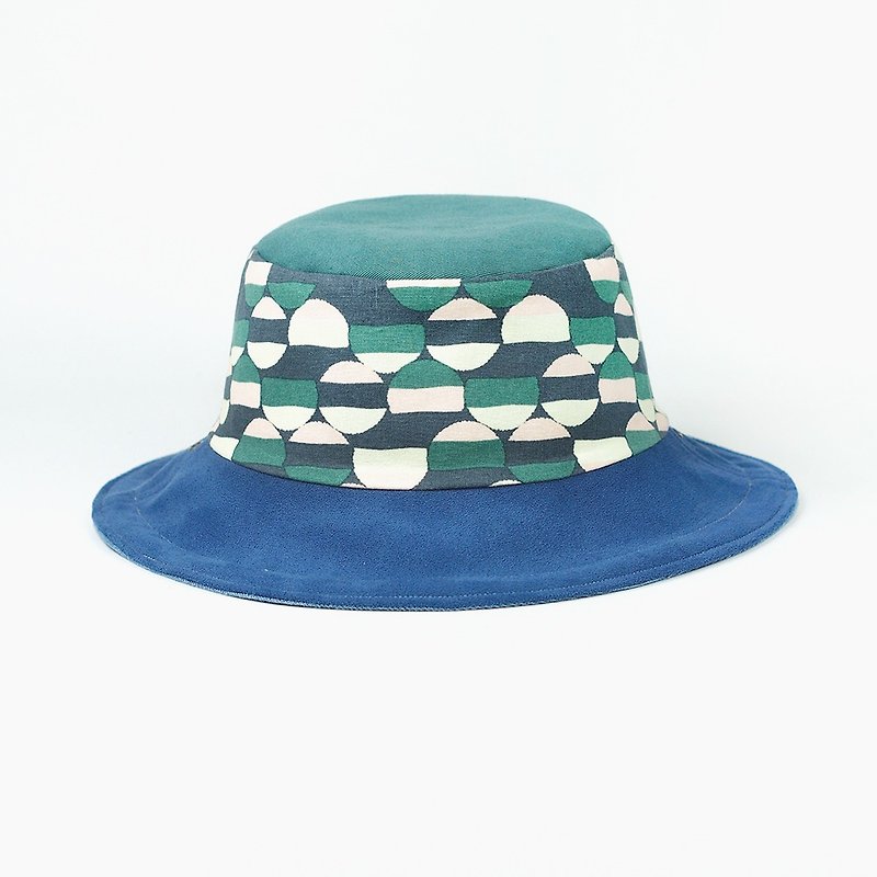 小牛村 手工雙面帽 漁夫帽 百搭幾何 圓圈【抹茶糖圈】藍綠 BF-03 - 帽子 - 棉．麻 藍色