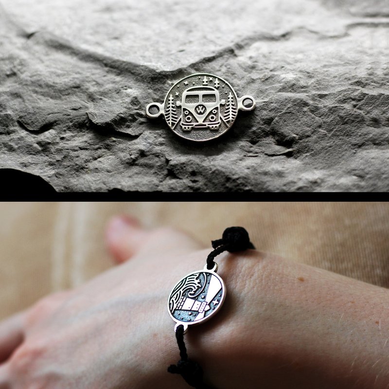 Hippie mobile olkswagen and forest view silver bracelet traveler symbol. Nature - 手鍊/手環 - 純銀 銀色