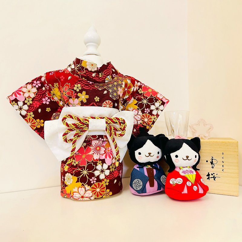 Crazy de Wan - Furisode Kimono (Sakurafubuki ) - ชุดสัตว์เลี้ยง - ผ้าฝ้าย/ผ้าลินิน สีแดง