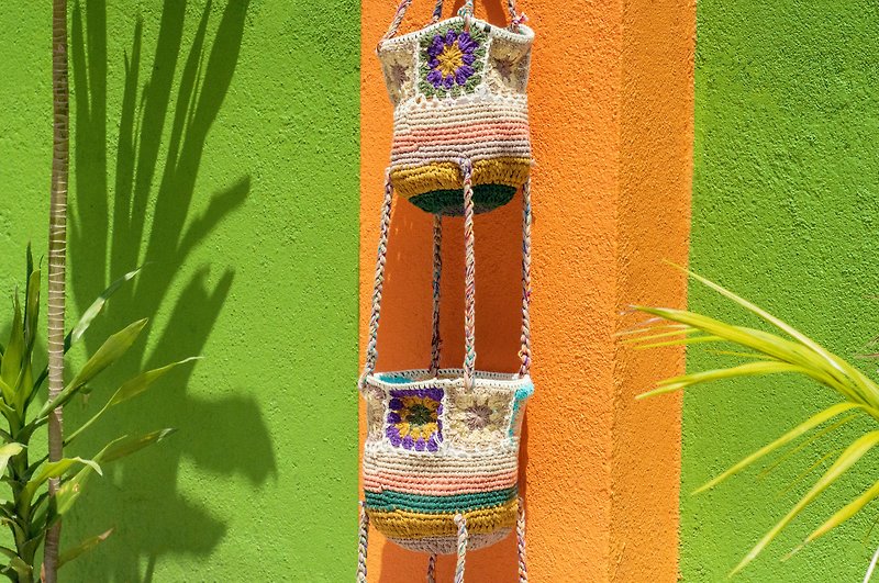 Handmade crochet basket / hand-woven basket / storage basket / hanging bag / flower woven basket - French - Storage - Cotton & Hemp Multicolor