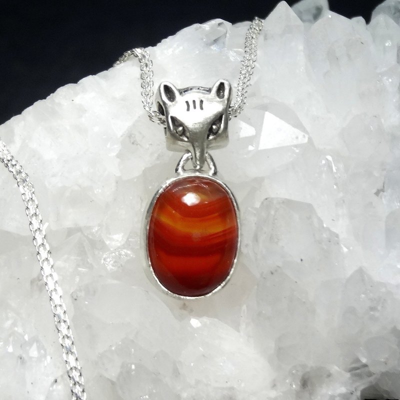 Pendant, Necklace, Red Agate, Fox, Sterling Silver, Handmade Jewelry - สร้อยคอ - เครื่องเพชรพลอย สีแดง