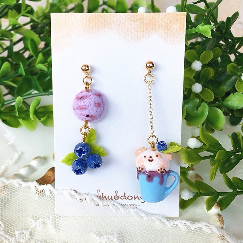 Original handmade sweet and cute blueberry ice cream ball cup dog Silver earrings ear clips girlfriends gift - ต่างหู - วัสดุอื่นๆ 