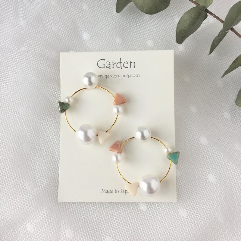 circle earrings pink bluegreen gold - ピアス・イヤリング - 金属 多色