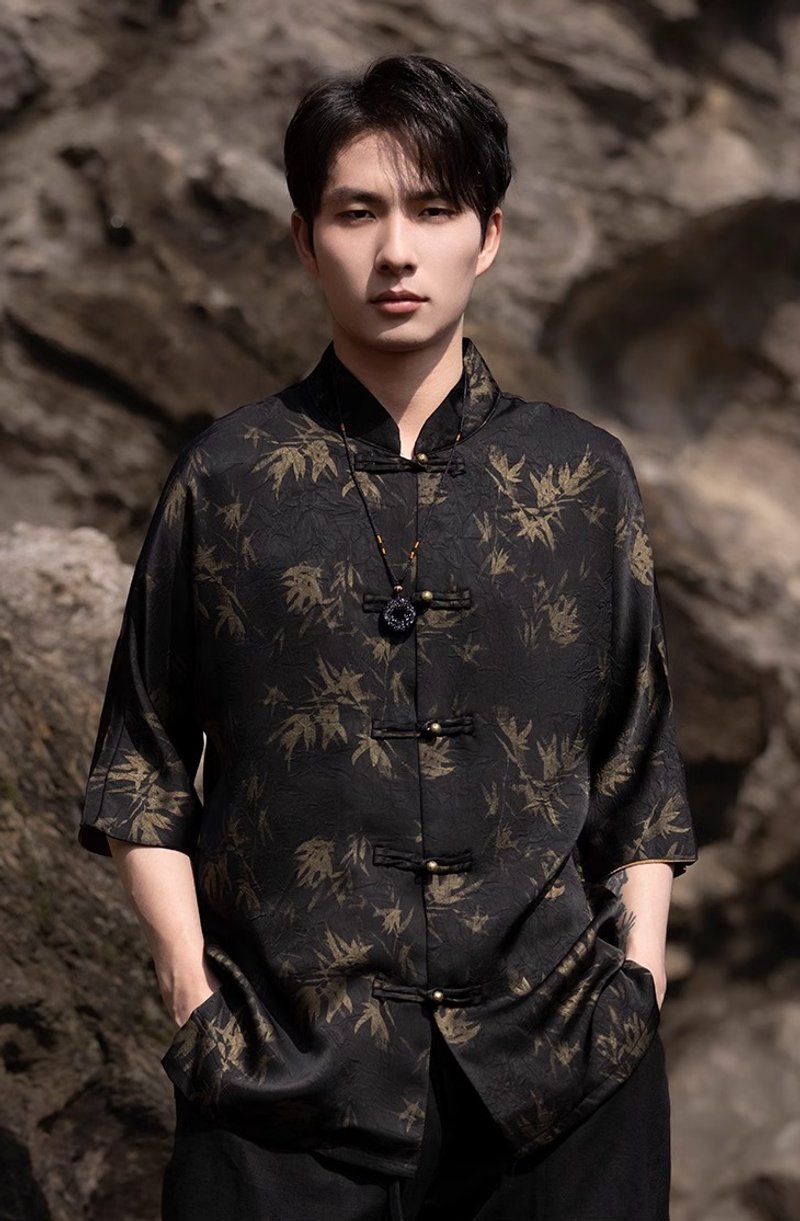 New Chinese retro buttoned bamboo leaf print short-sleeved shirt - เสื้อเชิ้ตผู้ชาย - วัสดุอื่นๆ สีดำ