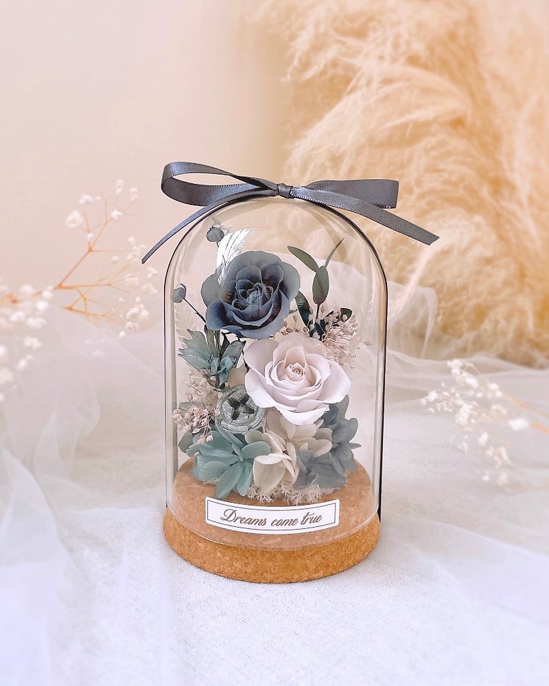 Preserved flower glass cup - retro gray blue and white l Preserved flower glass cup Japanese rose dried flower cup - ช่อดอกไม้แห้ง - พืช/ดอกไม้ สีน้ำเงิน