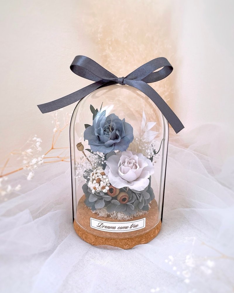 永生花玻璃盅-復古灰藍 l 不凋花玻璃盅 日本玫瑰 情人節禮物 - 乾燥花/永生花 - 植物．花 藍色