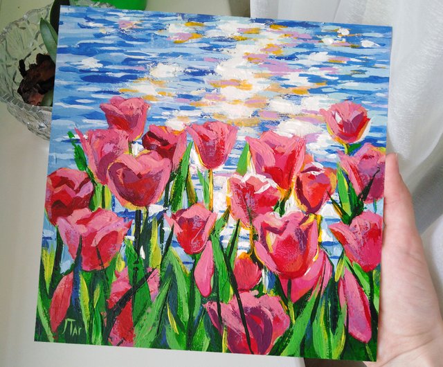 オリジナル絵画 海辺の花 ピンクのチューリップ オーシャン