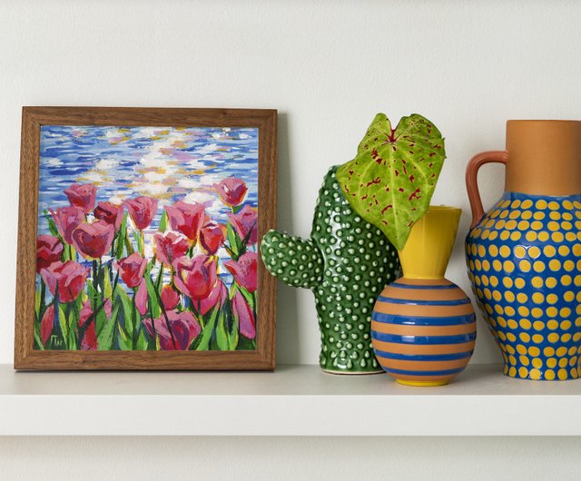 オリジナル絵画 海辺の花 ピンクのチューリップ オーシャン