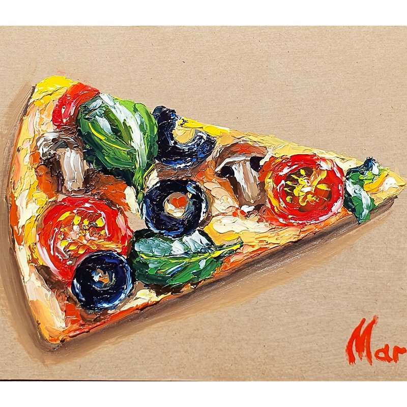 Pizza Painting Italian Cuisine Original Art Olives Mushrooms Pizza Capricciosa - 海報/掛畫 - 其他材質 多色