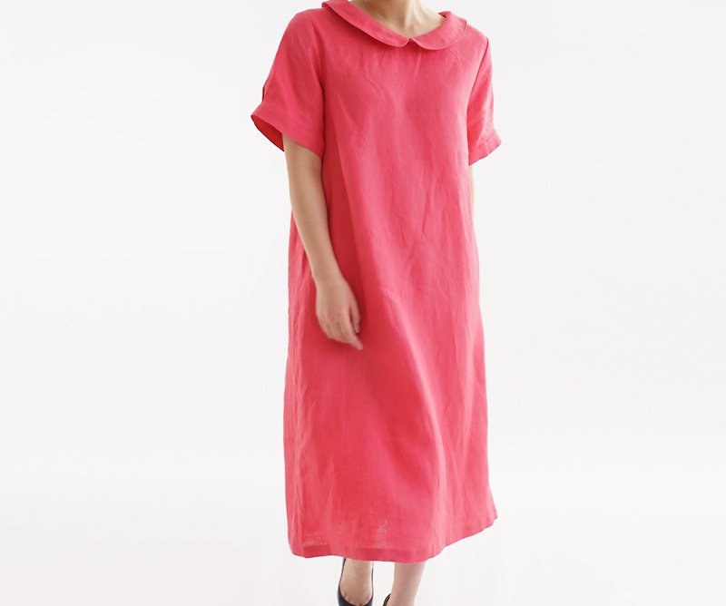 ベルギーリネン　ふんわり丸襟 ワンピース/コーラル a22-12 - 洋裝/連身裙 - 棉．麻 紅色