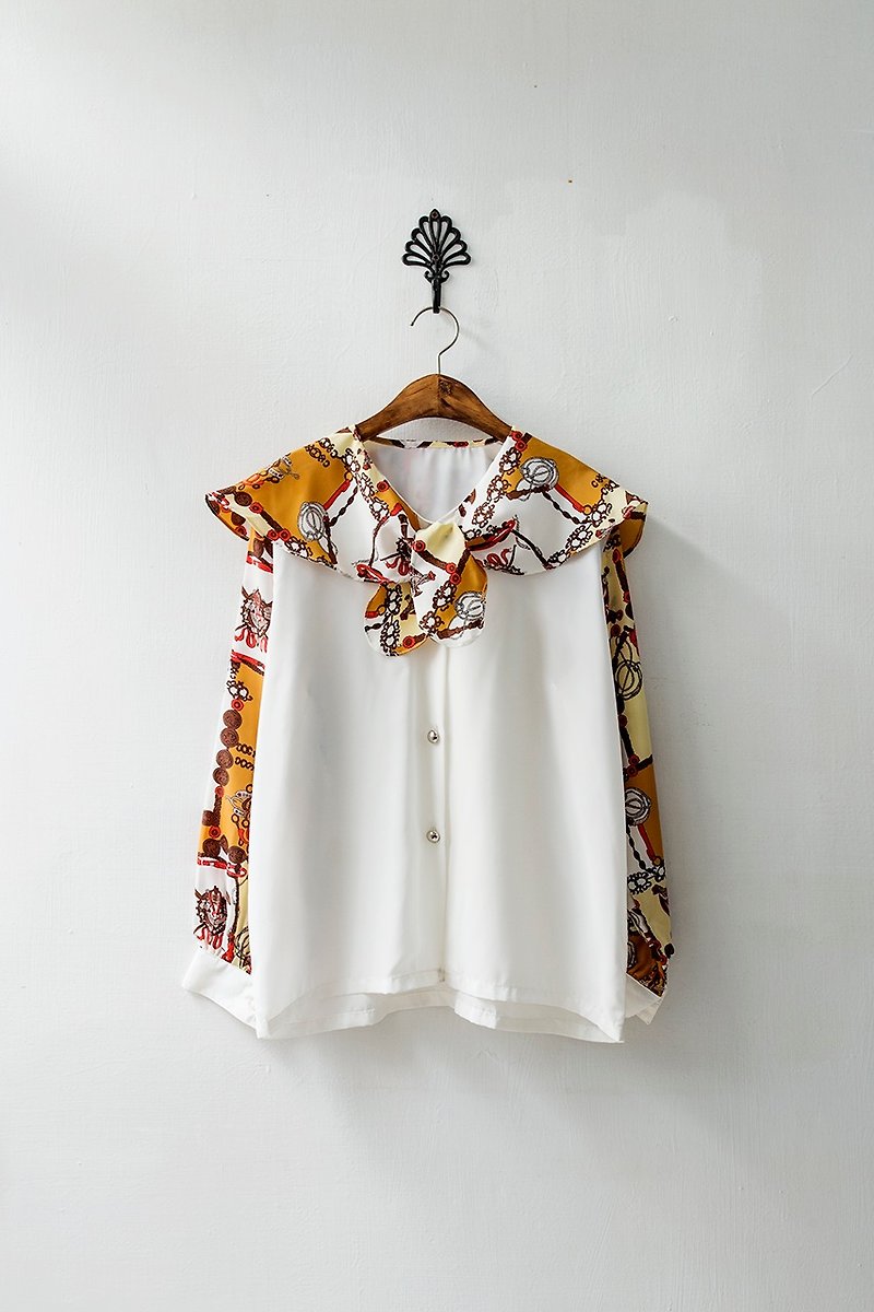 バナナFlyin「|ヴィンテージ|バロックステッチ大ラペル長袖の白いシャツ - トップス - コットン・麻 