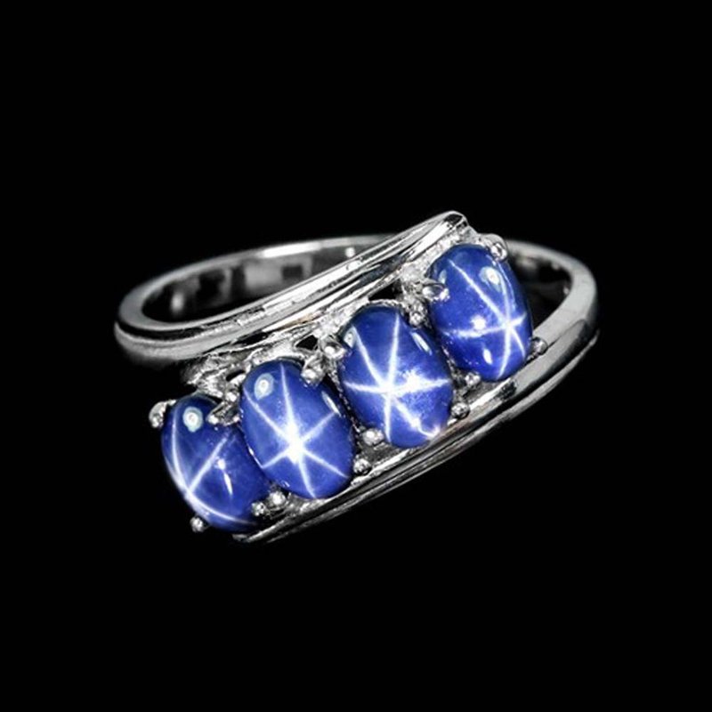 4 pcs Natural star blue sapphier ring silver sterling size 7.0 free resize - 戒指 - 純銀 藍色