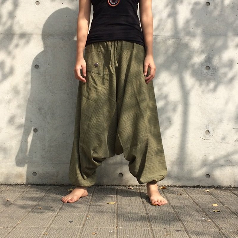 Travel x Thai - 阿里巴巴褲 條紋(棉麻)(單口袋)(男褲女褲)(卡其綠) Alibaba Pants - 女長褲 - 棉．麻 綠色