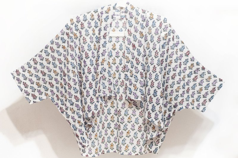 Woodcut Printed Cotton Jacket Indian Cotton Organic Cotton Hand-stamped Stitching Short-sleeved Cotton Blouse - French Flowers - เสื้อแจ็คเก็ต - ผ้าฝ้าย/ผ้าลินิน หลากหลายสี