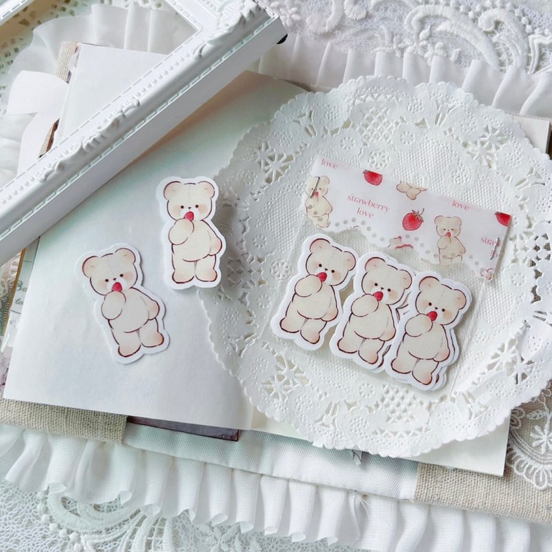 Pet Die Cut Sticker Strawberry Bear - 禮物盒/包裝盒 - 紙 多色